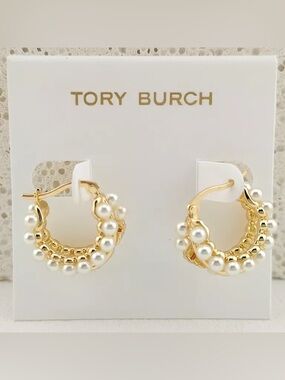 Tory Burch Gold Hoop Earrings with White Pearls
